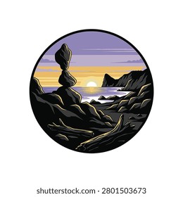 Vector illustration of a circular coastal landscape featuring balanced stones on a rocky beach at sunset. Jagged cliffs and a purple sky overlook the calm sea and horizon line.