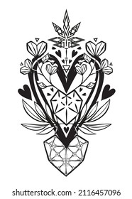 Vector illustration, circular composition with hearts, leaves, handmade, postcard