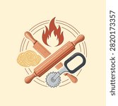 Vector illustration of a circular culinary emblem featuring crossed wooden rolling pins, a pastry cutter wheel, coiled pasta noodles, and a stylized flame on a beige background.
