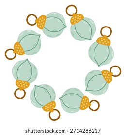 Vector illustration of a circular decorative frame made of hand drawn holiday elements. Festive and cozy wreath design perfect for Christmas and New Year cards, invitations, packaging, stickers.