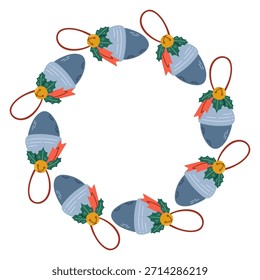 Ilustración vectorial de un marco decorativo circular hecho de Elementos de vacaciones dibujados a mano. Diseño de corona festivo y acogedor perfecto para Navidades y tarjetas de Año Nuevo, invitaciones, embalaje, pegatinas.