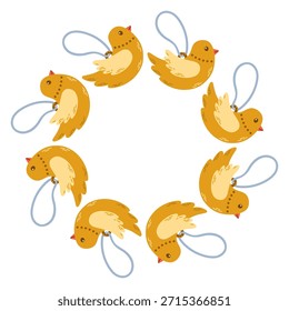 Vector illustration of a circular decorative frame made of hand drawn holiday elements. Festive and cozy wreath design perfect for Christmas and New Year cards, invitations, packaging, stickers.