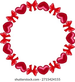 Ilustración vectorial de un marco decorativo circular hecho de corazones rojos brillantes y arcos de satén dispuestos en forma de guirnalda. Objeto aislado sin fondo, adecuado como elemento de diseño romántico o Clipart. La ilustración tiene un gradiente suave y un estilo brillante semi-3D