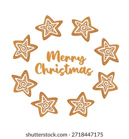 Ilustración vectorial de un marco decorativo circular hecho de pan de jengibre de Navidades dibujadas a mano en forma de estrella con un glaseado