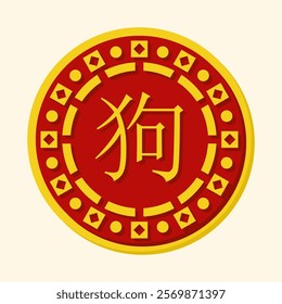 Vector illustration of a circular design featuring the Chinese zodiac sign for Dog in yellow on a red background with intricate decorative borders. Suitable for cultural, zodiac, and New Year projects