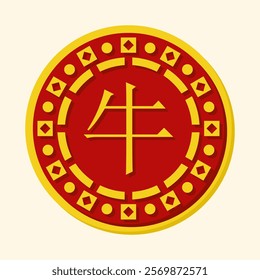 Vector illustration of a circular design featuring the Chinese zodiac sign for Ox in yellow on a red background with intricate decorative borders. Suitable for cultural, zodiac, and New Year project