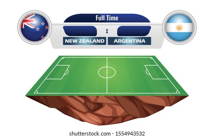vector illustration of circular flag of New Zealand and Argentina on the football field background. The concept of football match New Zealand vs Argentina.