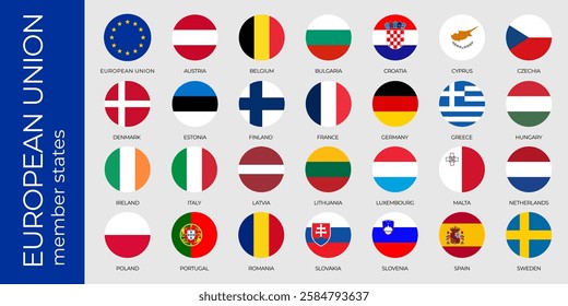 Vector illustration of circular flags representing European Union member states, including the EU flag, arranged in a grid with country names