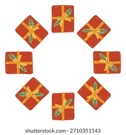 Ilustración vectorial de un marco circular hecho de cajas de regalo rojas atadas con cintas. Un borde de Navidades festivas perfecto para tarjetas de vacaciones, etiquetas, empaques y Diseño gráfico de temporada.