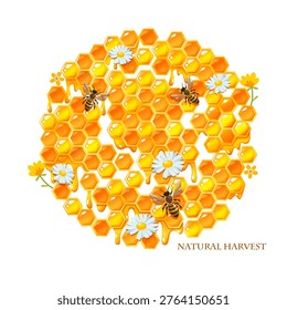 Vector Illustration of Circular Honeycomb Composition with Golden Dripping Honey, Realistic Bees and Wildflowers, Organic Honey Label Design with “Natural Harvest” lettering Text.