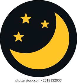 Vector illustration of circular icon of a night with moon and stars. Waning moon. Nocturnal, clear night. Sleep and rest.