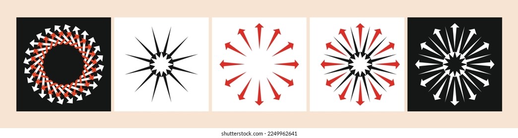 Vektorgrafik von runden nach innen und außen gerichteten Pfeilen auf abstraktem geometrischem Hintergrund als Symbol für Expansion und Kontraktion