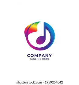 Vector illustration of circular musical note with rainbow leaf. Seed Sprout, Growth, Growing, Harmony, music and nature logo concept. Multicolor gradient logo design template isolated on white