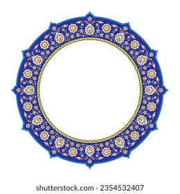 Vector illustration for circular ornament design pattern, turkish traditional tezhip floral ornament on blue color background, calligraphic ornament, circle frame, mosque decoration, invitation card