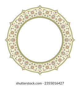 Vector illustration for circular ornament design pattern, traditional Turkish tezhip floral ornament on cream color background, calligraphic ornament, circle frame, mosque decoration, invitation card