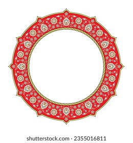 Vector illustration for circular ornament design pattern, turkish traditional tezhip floral ornament on red color background, calligraphic ornament, circle frame, mosque decoration, invitation card