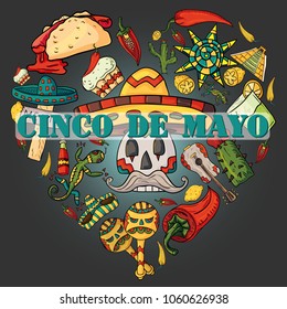 vector illustration of a circular ornament in the form of a heart of Mexican symbols on a black isolated background - Cinco de Mayo