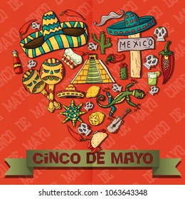 vector illustration of a circular ornament in the form of a heart of Mexican symbols on a red isolated background
