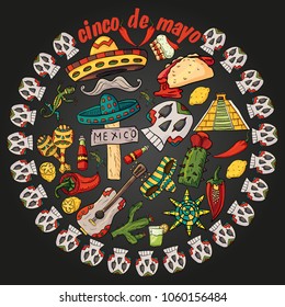 vector illustration of a circular ornament of Mexican symbols on a black isolated background