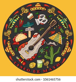 vector illustration of a circular ornament of Mexican symbols on a black isolated background with a guitar in the center