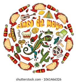 vector illustration of a circular ornament of Mexican symbols on a white isolated background with a large lizard