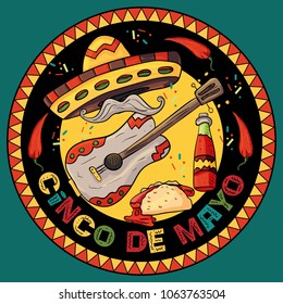vector illustration of a circular ornament sticker of Mexican symbols on an isolated background