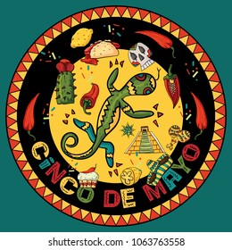 vector illustration of a circular ornament sticker of Mexican symbols with lizard in the center on an isolated background