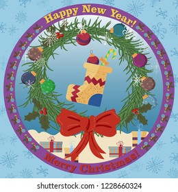 vector illustration in the circular ornaments in the style of flat, Christmas wreath Christmas, Christmas boot, sock
