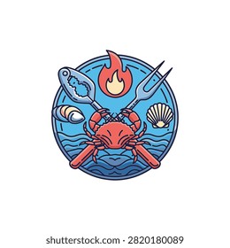 Vector illustration of a circular seafood logo featuring a red crab positioned over crossed metal seafood cracker and serving fork, with fire, shells, and waves on white background.
