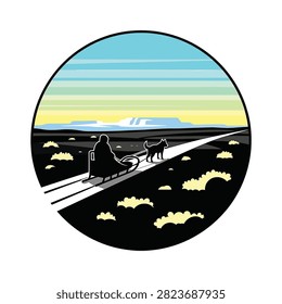 Vector illustration of a circular silhouette featuring a musher on a dog sled pulled by a canine through a snowy arctic landscape under a colorful sky with distant mountains.
