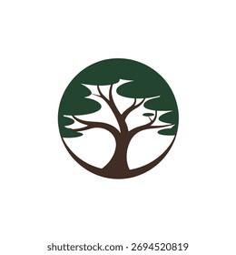 Ilustração vetorial de um símbolo de árvore circular com ramos simples e folhas, design limpo, estilo mínimo e conceito natural em um fundo branco.