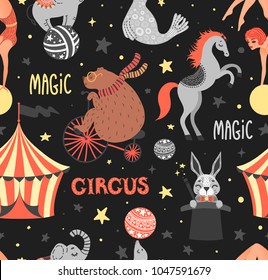 Ilustración vectorial del animal circo. Personajes de dibujos animados. Establecer. Patrón transparente