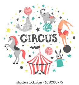 Vector illustration of circus animal. Cute cartoon characters. Set