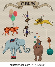 Vector illustration of circus animals in retro style