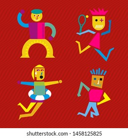 Vector illustration. Circus character set one of three. Geometric cartoons.