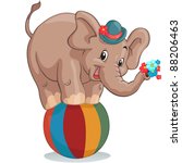 Vector illustration, circus elephant as acrobat, card concept, white background.