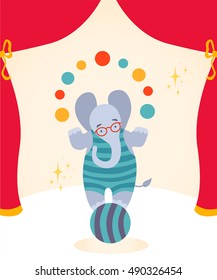 Vector illustration, circus elephant as acrobat, card concept, beautiful background.
