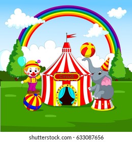 vector illustration of Circus elephant and clown with carnival background