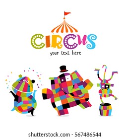 Vector illustration "circus" with an elephant, a monkey and hippo. It can be used as poster, invitations, cards. Cartoon animal characters, toys, africa, safari, tropical.