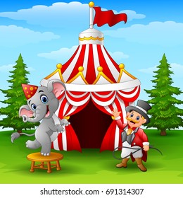 Vector illustration of Circus elephant and tamer on the circus tent background