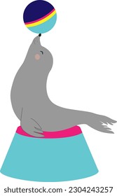 Vector illustration of circus fur seal character with ball in cartoon style