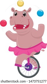 Vector Illustration of a Circus hippopotamus on unicycle and juggling