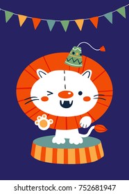 Vector illustration of circus lion standing on a platform with a hat and buntings against a dark blue background