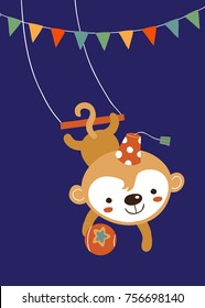 Vector illustration of circus monkey performing tricks and hanging upside down from a trapeze with a ball in hand