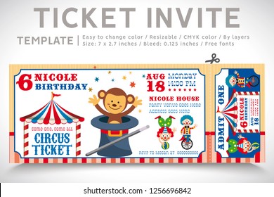 A Vector Illustration Circus Party. Ticket invitation birthday. Clown, Monkey, Lion, Dolphin, Tiger, and balls. Vector 06