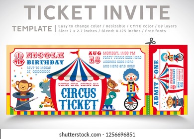 A Vector Illustration Circus Party. Ticket invitation birthday. Clown, Monkey, Lion, Dolphin, Tiger, and balls. Vector 05 