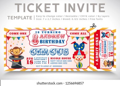 A Vector Illustration Circus Party. Ticket invitation birthday. Clown, Monkey, Lion, Dolphin, Tiger, and balls. Vector 10