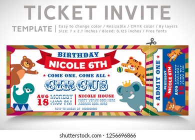 A Vector Illustration Circus Party. Ticket invitation birthday. Clown, Monkey, Lion, Dolphin, Tiger, and balls. Vector 07