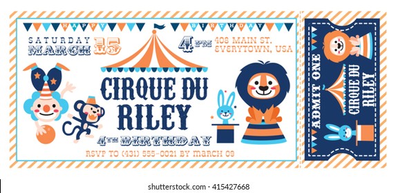 A Vector Illustration Circus Party. Ticket Invitation Birthday. Clown, Monkey, Bunny And Lion.