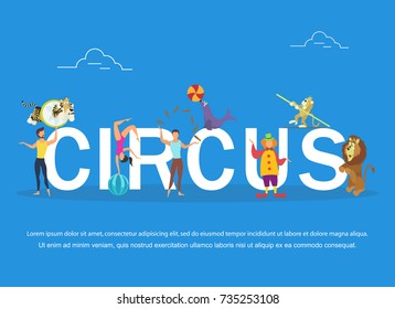 Vector illustration of circus performers and animals. Circus banner.